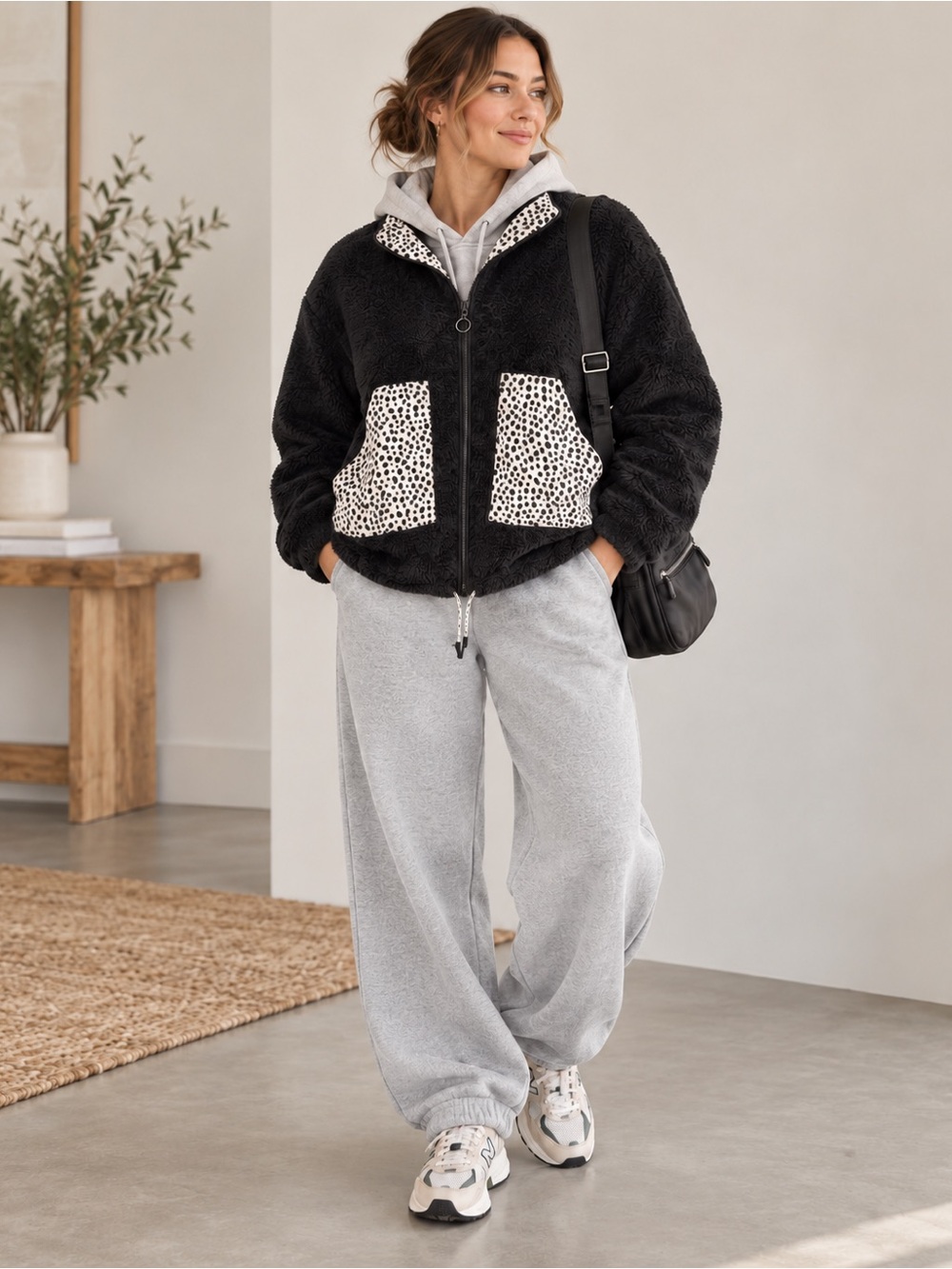 Sensis Black Plush Fleece Zip-Up Jacket Polka Dot L/XL